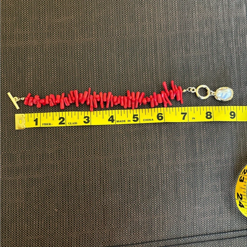 New Red Coral and Gold Faux Pearl Necklace and Bracelet Set - Picture 10 of 15